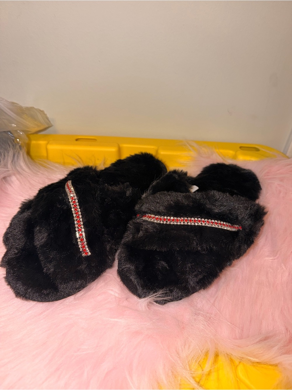 Black Faux Fur women Slippers with Rhinestone Trim